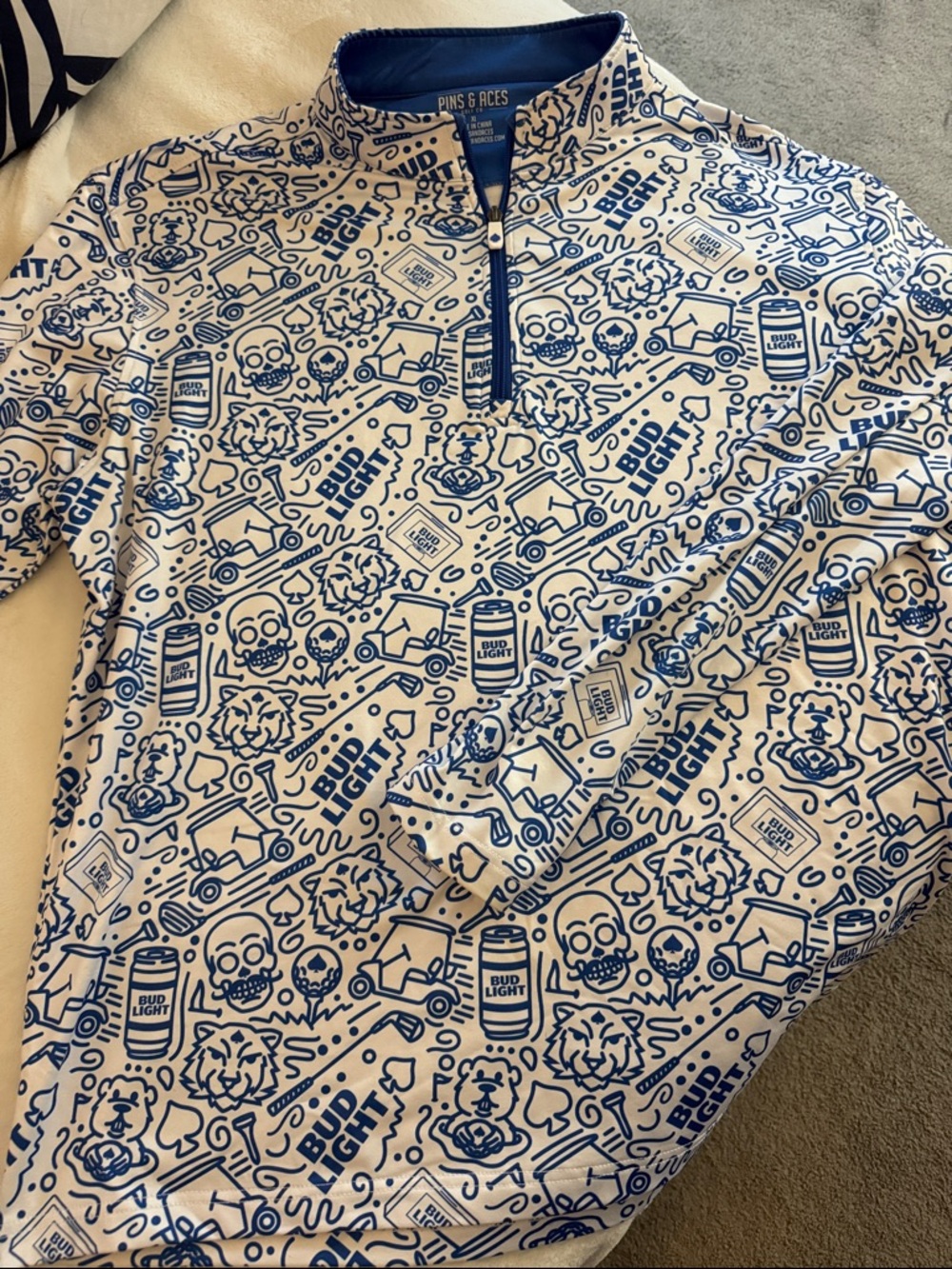Men’s White and Blue Graphic Quarter-Zip Sweater - Picture 1 of 4